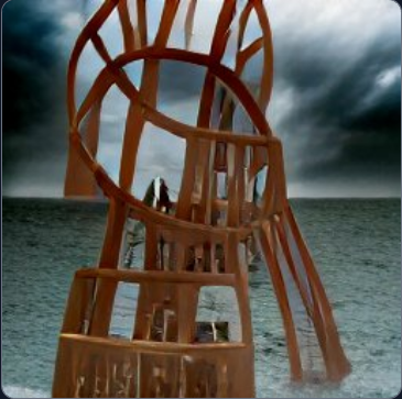 image generated with AI craiyon prompt high definition Tatlin Tower and Babel Tower standing in stormy water in the style of Hieronymus Bosch